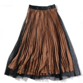 日单复古撞色百褶网纱半身裙女L86057高腰显瘦A字裙春夏季 大摆裙