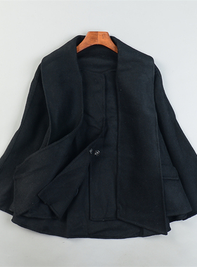 高货羊毛双面绒外套女L85363秋冬飘带围巾赫本风宽松斗篷短款大衣