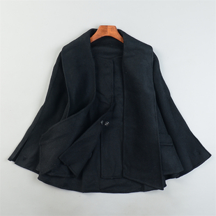 高货羊毛双面绒外套女L85363秋冬飘带围巾赫本风宽松斗篷短款大衣