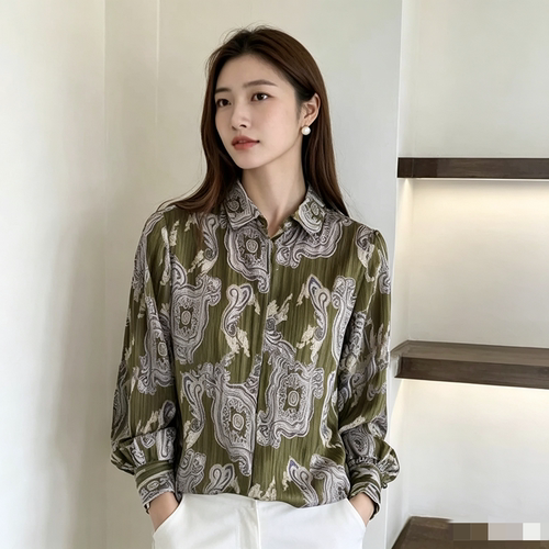 文艺森系风印花金线长袖衬衫女7.14L87016夏季凉感日常休闲薄衬衣