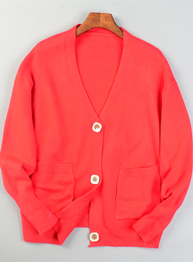 韩版精品针织开衫女外套L85193落肩收口袖春季纯红色休闲毛衣上装