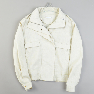 夹克衫 外贸精品亚麻短外套女L84827美式 百搭宽松棉麻长袖 秋季 工装