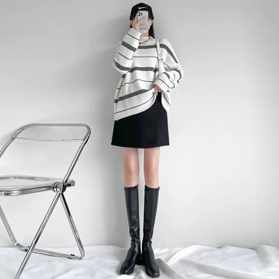 516宽松慵懒风设计感显瘦针织衫女80473春秋冬半高领条纹长袖毛衣