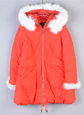 中长款真狐狸毛领羽绒服女12.12L77102舒适直筒大红色白鸭绒外套