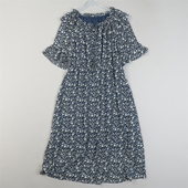 清甜碎花雪纺连衣裙女84929夏秋木耳边一字领高腰宽松A字中长裙子