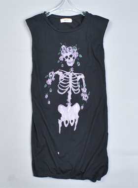 韩版印花垫肩无袖长款T恤女318L81809夏季休闲个性时尚背心连衣裙