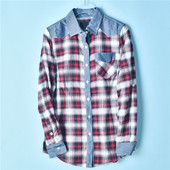 学生范长袖 全棉衬衫 女1218L72454牛仔拼接红格单口袋春季 休闲上衣