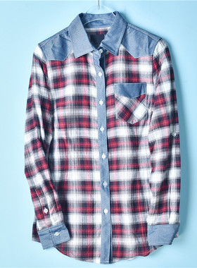 全棉衬衫女1218L72454牛仔拼接红格单口袋春季学生范长袖休闲上衣