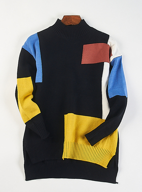 韩版复古几何撞色半高领毛衣女H85154秋冬季小众设计感针织衫上衣