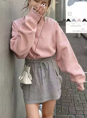 精品日单极简风灰色圆领短款卫衣女H84520秋冬季宽松长袖休闲上衣