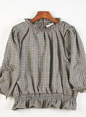 精品日单复古气质套头格子衬衫女H84688秋新款宽松休闲七分袖上衣