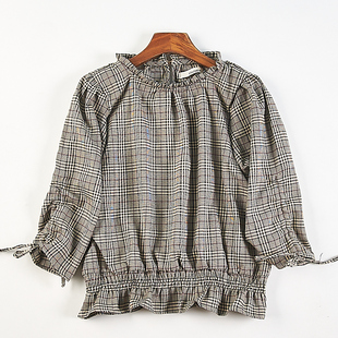 上衣 宽松休闲七分袖 精品日单复古气质套头格子衬衫 女H84688秋新款