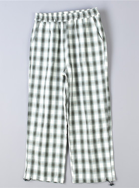 格子宽松直筒裤女3.21L73377清新休闲显瘦学院风抽绳束脚春夏长裤