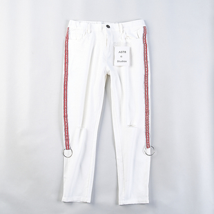 女H77096夏秋学院风侧边条破洞直筒九分裤 81韩版 白色全棉休闲长裤