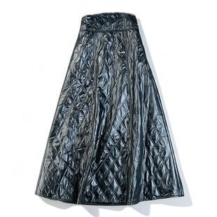 日单质感光面菱格绗缝夹棉半身裙女86075高腰显瘦A字裙大摆长裙子