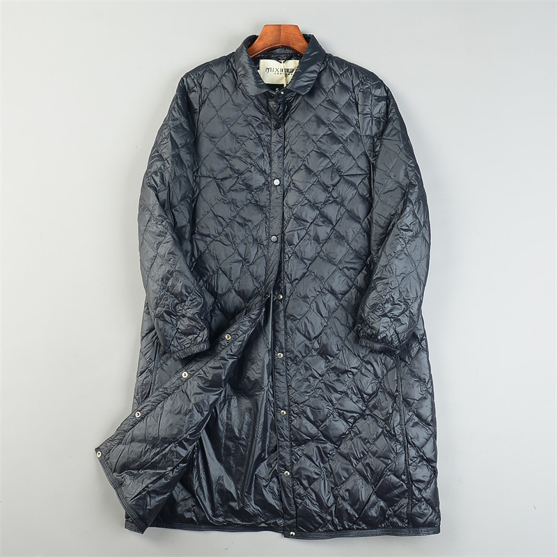 高端轻薄中长款羽绒服女L85496冬装经典菱格小翻领直筒白鸭绒外套