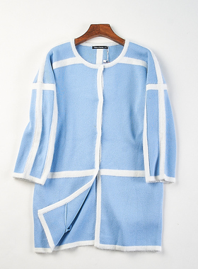 品质潮牌撞色条纹针织长袖开衫女H83816春秋季圆领休闲中长款外套