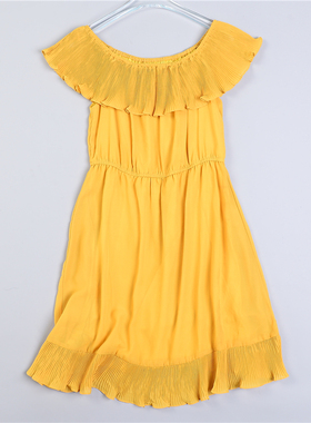 甜美百褶一字肩领连衣裙723L79618夏黄色荷叶边减龄显瘦收腰A字裙