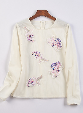 韩版白色印花套头雪纺衬衫85H76025夏季圆领宽松淑女长袖休闲上衣