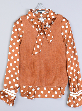 523复古休闲上衣两件套L79627春秋女生波点长袖衬衫+针织背心套装