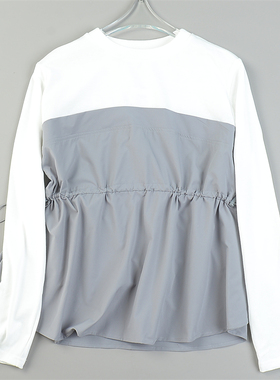 日单拼接假两件T恤衬衫女84329秋季新款宽松抽绳收腰套头长袖上衣