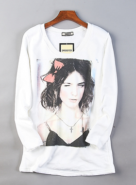 223韩版印花直筒圆领上衣女H80821秋冬修身加绒加厚长袖T恤打底衫