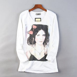 T恤打底衫 加绒加厚长袖 印花直筒圆领上衣女H80821秋冬修身 223韩版