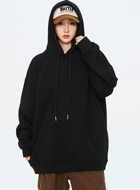 511日系复古纯色抓绒连帽衫卫衣男女71702美式宽松显瘦慵懒风外套