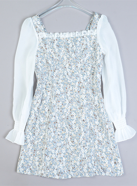 625法式方领拼接长袖连衣裙女80166夏秋刺绣碎花蕾丝甜美初恋短裙