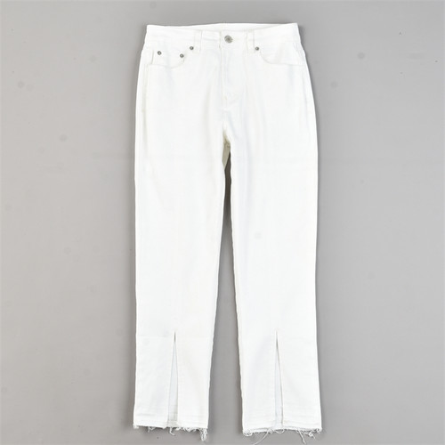 韩版新品纯白色牛仔裤女L83413夏秋毛边开叉潮流修身款长裤九分裤