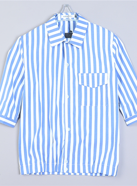 韩版条纹中袖衬衫男女72L79445修身显瘦收下摆潮流青少年半袖上衣