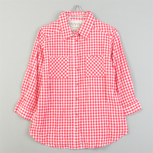 日单精品水洗纯棉细格子七分袖 女L84597夏秋直筒休闲百搭上衣 衬衫