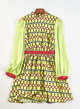 精品日单绿色雪纺印花长袖连衣裙女H84219夏秋收腰显瘦立领中短裙