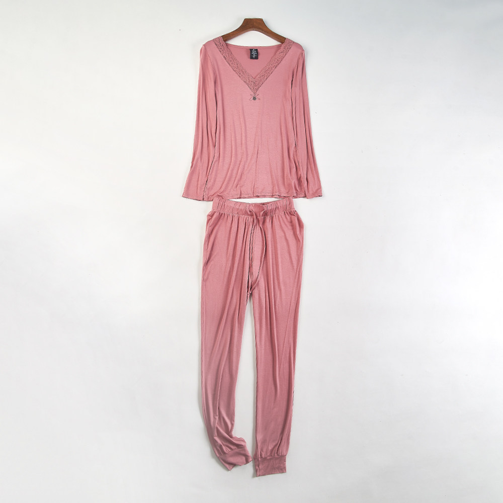 外贸粉色V领蕾丝边睡衣套装女