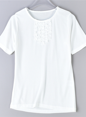 日单精品女T恤7.15L75137圆领蕾丝花凉感透气修身短袖休闲上衣夏