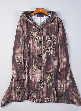 1222宽松大码显瘦连帽中长款风衣女78699胖MM印花复古妈妈装外套