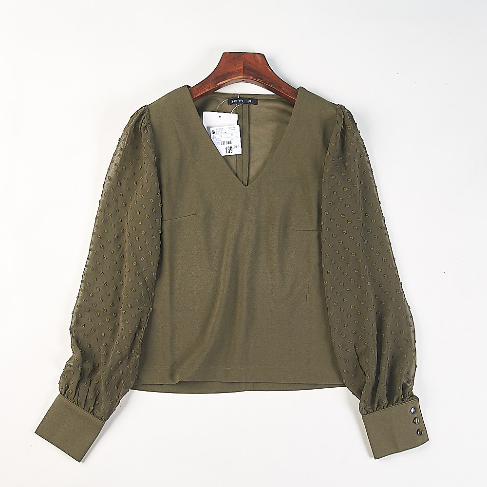 法式轻奢V领透视泡泡长袖提花雪纺衫女85794春夏复古气质通勤上衣