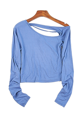 精品外贸斜领露肩锁骨长袖T恤女84729秋季设计感镂空修身打底上衣