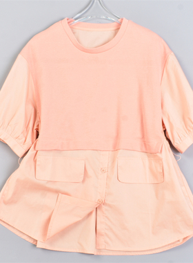 韩版拼接款套头衬衫女5.13L82748宽松抽绳收高腰泡泡袖春夏季上衣