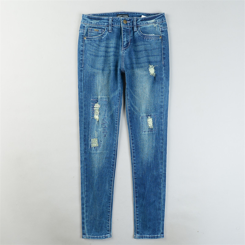 韩版水洗破洞紧身牛仔裤女1.13L85250弹力提臀中腰瘦腿裤时尚长裤