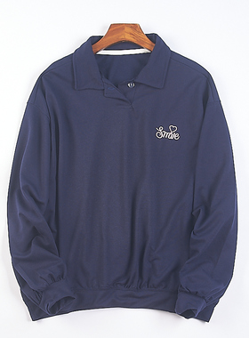 216复古宽松大码长袖纯色T恤男女75973美式刺绣翻领套头直筒卫衣