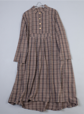 复古文艺棉麻格纹长袖连衣裙4.16L78688立领宽松显瘦休闲棉麻长裙