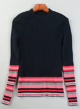 小圆领拼色条纹毛衣针织衫女L85515秋冬新款弹力贴身保暖打底上衣