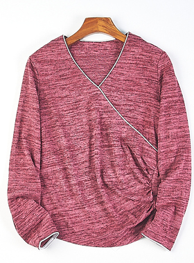 复古国风纯色长袖T恤衫女3.18H81990春季新款V形交领轻柔修身上衣