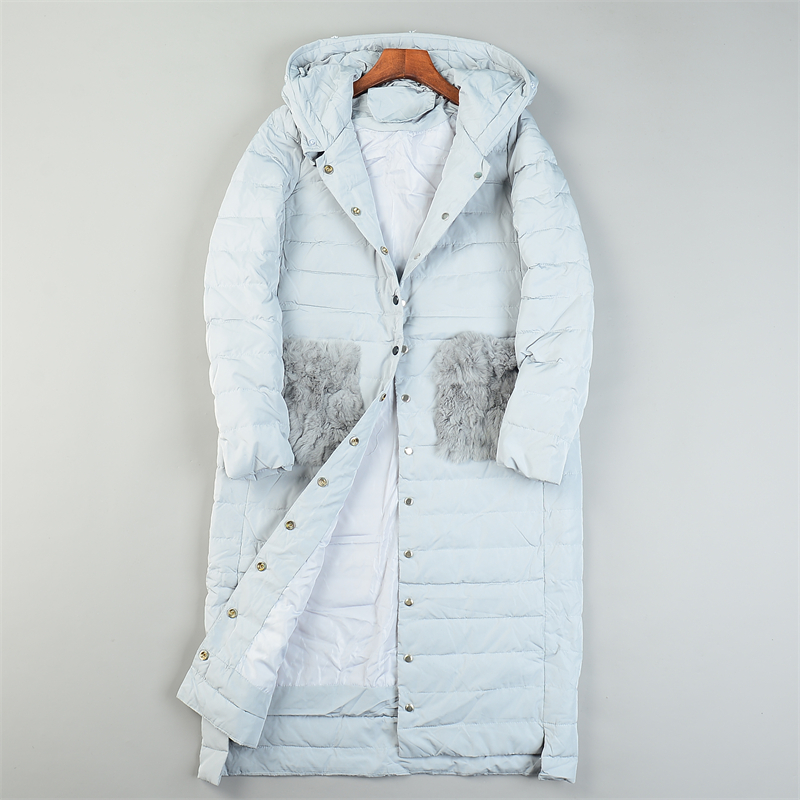 精品韩版轻便连帽长款羽绒服女L85312真兔毛双口袋秋冬白鸭绒外套