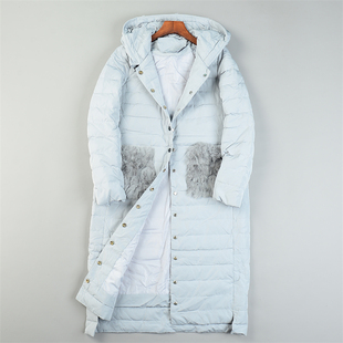 精品韩版 羽绒服女L85312真兔毛双口袋秋冬白鸭绒外套 轻便连帽长款