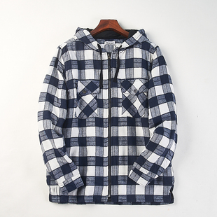 外贸大码 宽松格子棉衣外套 格纹加厚连帽休闲夹克男女H85298秋冬季
