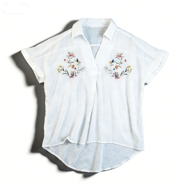 日单女生白色刺绣短袖衬衫L85968百搭雪纺甜美文艺中古风休闲上衣