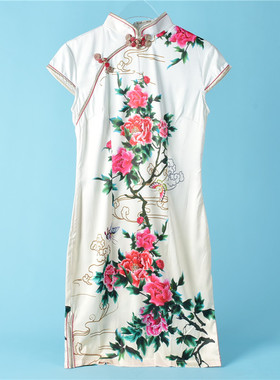 426复古中国风旗袍女70482改良修身开叉网红夏薄款印花短袖连衣裙