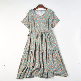 文艺复古纯棉印花收腰连衣裙女84788夏季 V领宽松透气蛋糕长裙 短袖